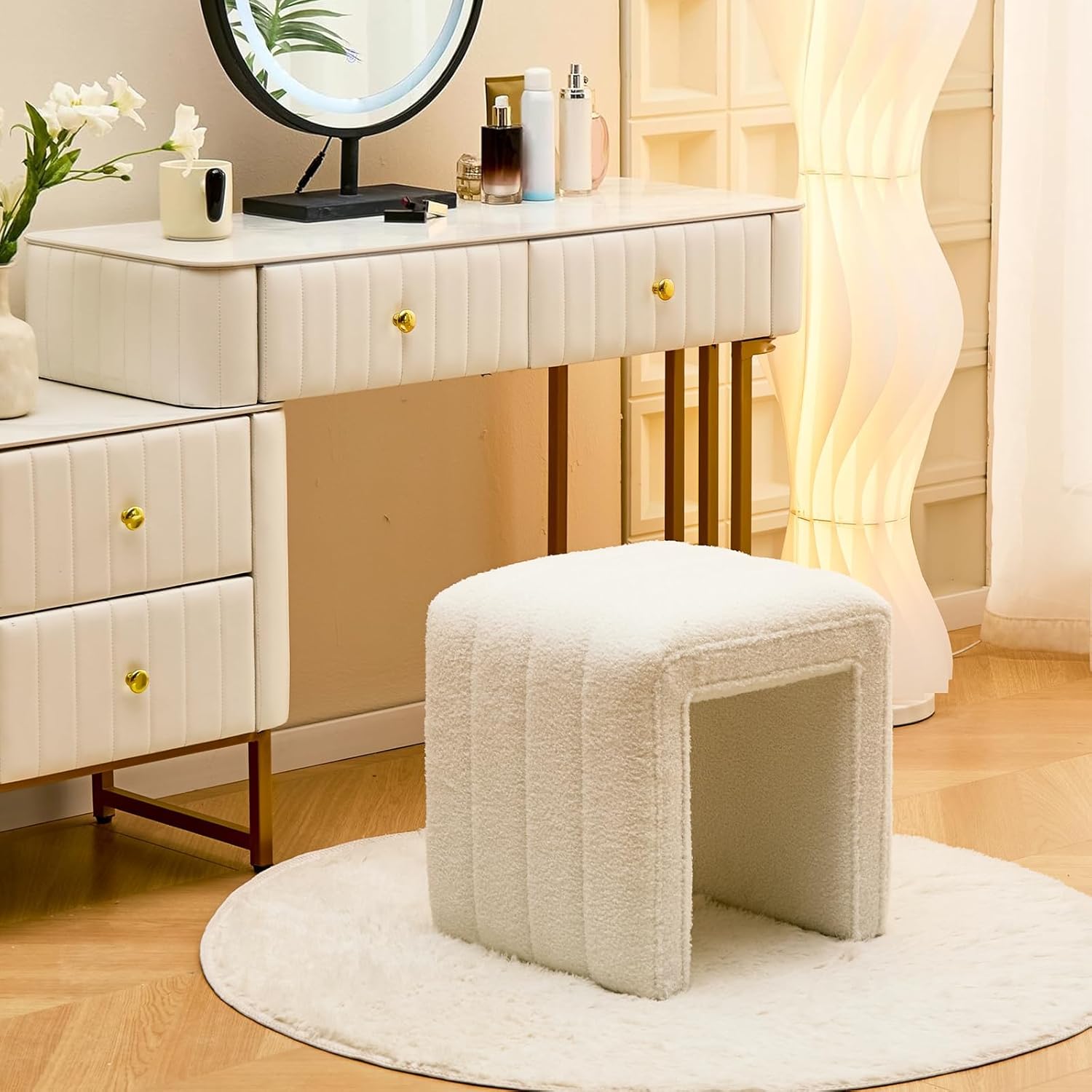 Wimarsbon Vanity Stool Chair, Modern Teddy Velvet Ottoman Footrest, Sofa Bench Footstool Extra Seat, Home Decor for Makeup Room, Living Room, Entryway, Office (White)