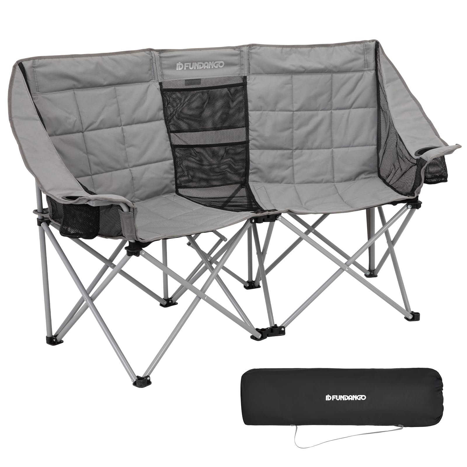 FUNDANGO Campingstuhl Faltbar für 2 Personen, Klappstuhl Camping XXL 2 Sitzer, Campingsofa Hochlehner Gepolstert Extra Lang für Outdoor Garten Balkon Indoor, Camping Stuhl 200 kg Belastbar, Grau Sonstiges