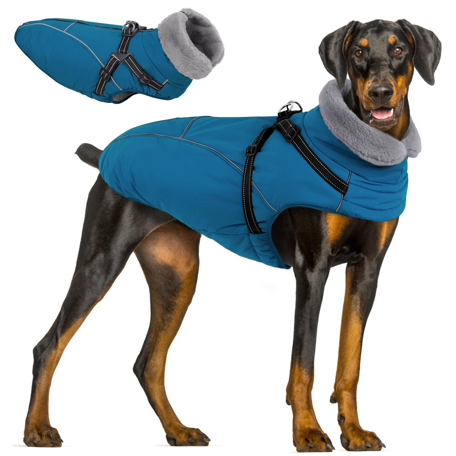 Queenmore 3XL Windproof Dog Coat UK | Full Coverage Dog Jacket Waterproof | Harness Integrated Design for Giant Breed Great Dane/Golden Retriever(Cerulean, 3XL) — image 1