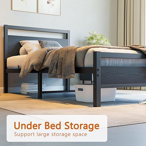 Miniatura 7 de BOFENG Marco de Cama Individual con Cabecera de Madera, Marco de Cama de Plataforma Individual de Metal Tamaño Individual Sin Somier Necesario,