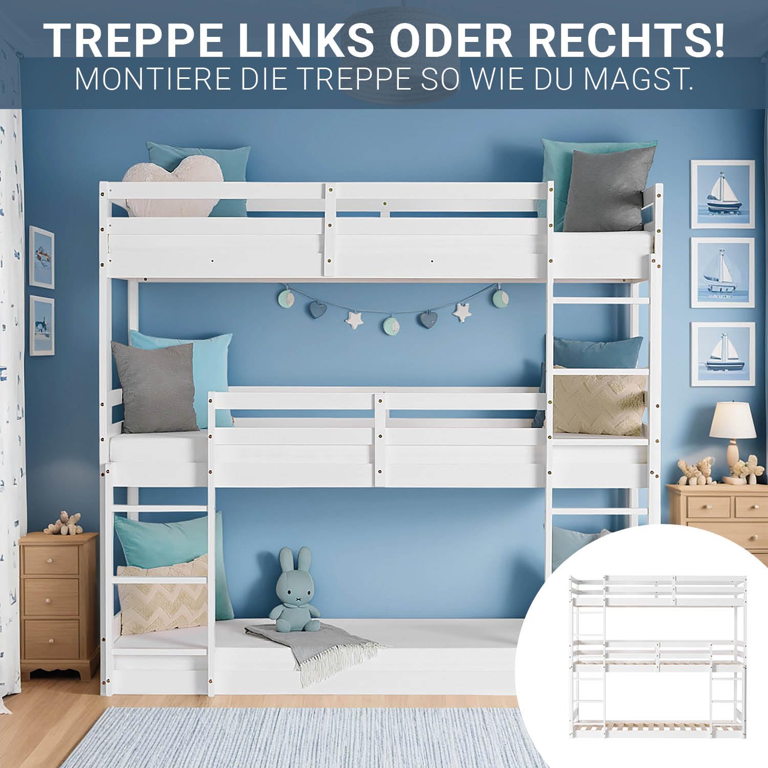 Homestyle4u Dreifach Etagenbett 90x200 cm - Weißes Massivholz Hochbett | Stockbett für 3 Personen aus Kiefer - Inklusive Lattenrost & Leitern - Platzsparendes Kinderbett für 3 Kinder