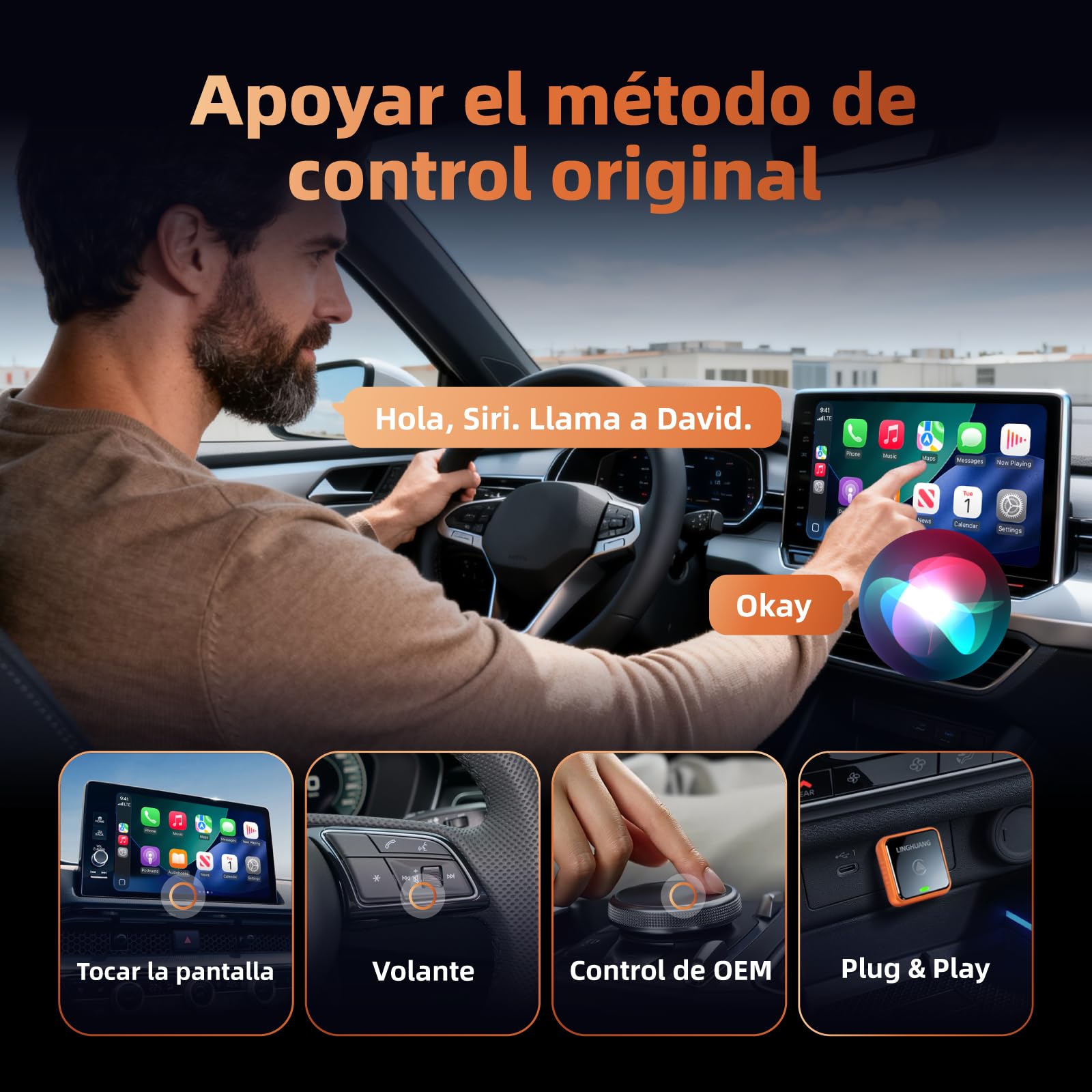 LINGHUANG Adaptador Carplay Inalambrico & Adaptador Android Auto Inalambrico, Convierte de Cableado a Inalámbrico, Plug & Play, Conexión Rápida y Estable, Compatible con iOS 10+ & Android 11+(Naranja)