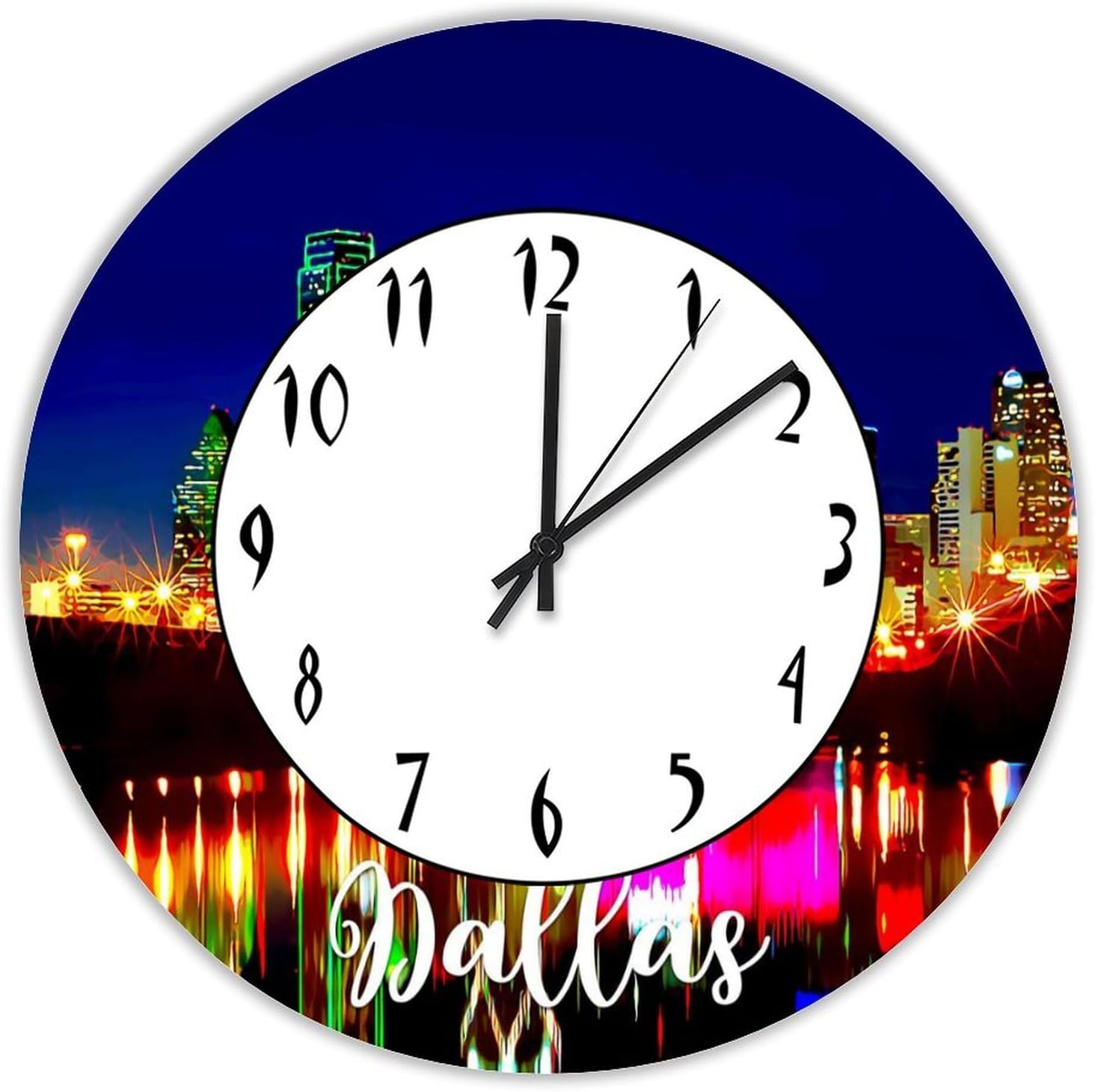 Dallas Wall Clock Silent Non Ticking Wooden Clocks Dallas City Skyline Landscape Clock Battery Operated 12in Round Clock, Rustic Clocks Decor for Home Kitchen Office