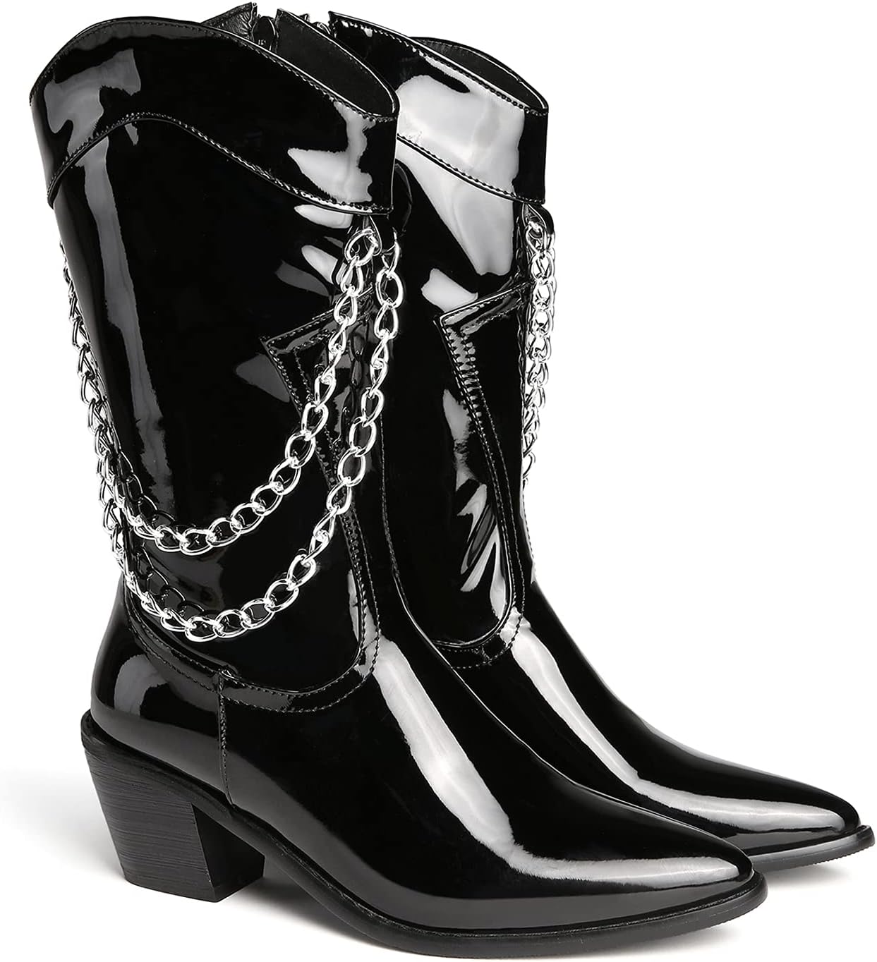 LEHOOR Stacked Heel Western Boots Mid Calf for Women Zip Up Pointed Toe Patent Leather Go Go Boots Wide Calf Chain Straps Low Heels Cowboy Booties Fashion Party Wedding 4-13 M US