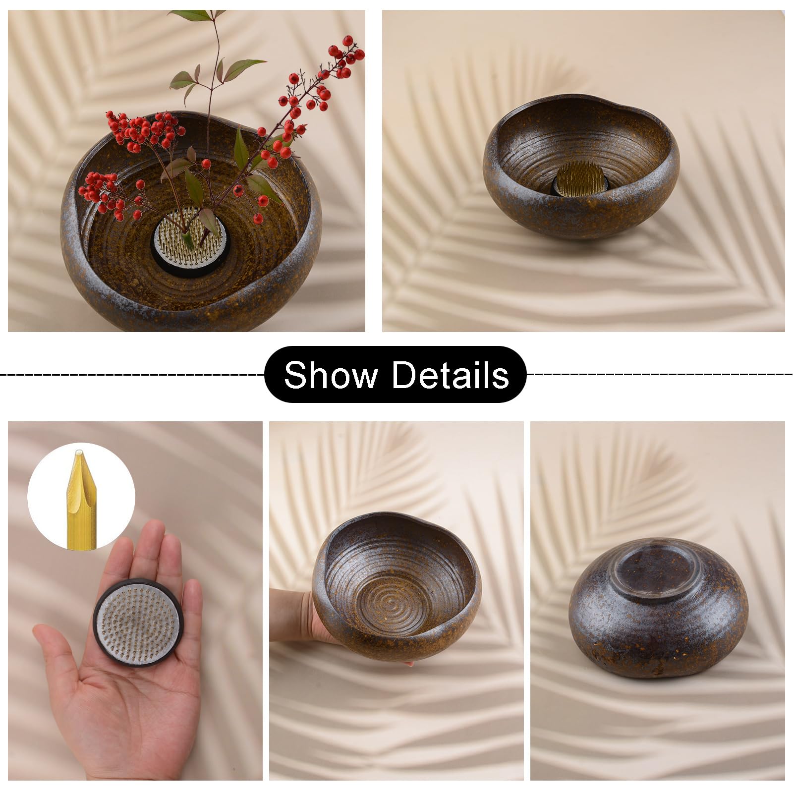 WANDIC Fournitures Pour Arrangements Floraux, Grenouille Ronde Et Pot De Fleurs En Céramique à Motif Marteau, Pot Noir Pour Décoration Florale Ikebana, Décoration De La Maison Ou Du Bureau