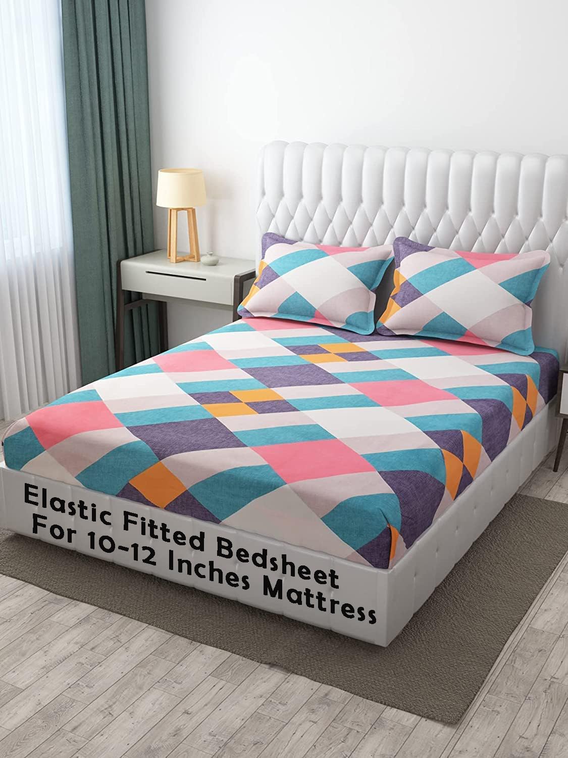 DECOMIZER Cotton Feel Glace Cotton Elastic Fitted Printed King Size Double Bed Bedsheet With 2 Pillow Coverm Fits Upto 10 To 12 Inches Mattress,Size- 72X78X14 Inches,Multirect, 300 Tc