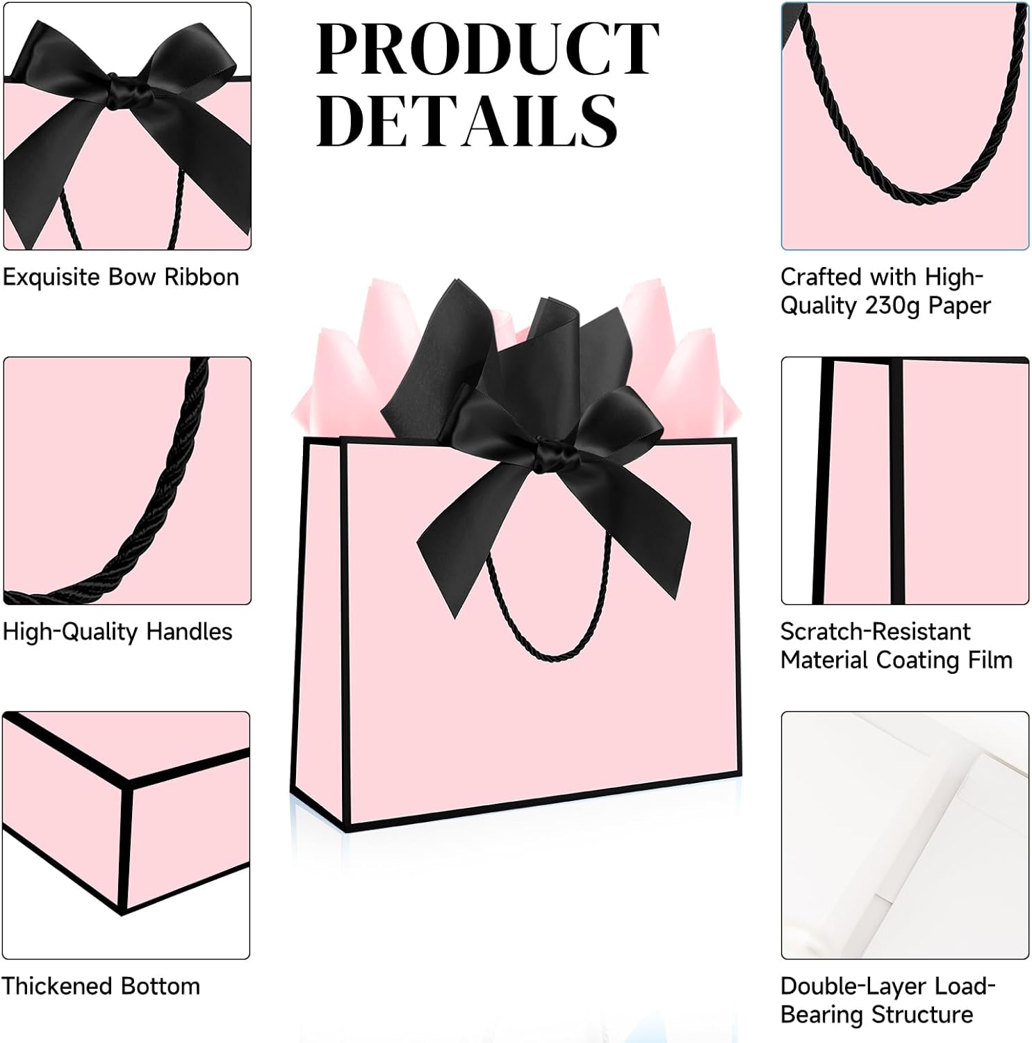 Ethhqu 12 Pack Gift Bags with Handles, Medium Size 12.6x10x4'' - Includes 24 Tissue Paper, Bows Ribbon & Cards for Wedding, Bridesmaids, Birthday,Thank You, Valentine‘s Day & Holiday (Pink and black gift bags) - Image 3