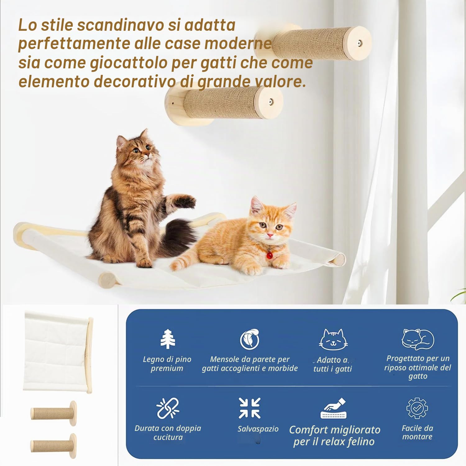 Parete Per Gatti Con Zona Notte, Amaca Legno Naturale, Tiragraffi Sisal - Ultra Stabile Per Gattini (3 Pcs)