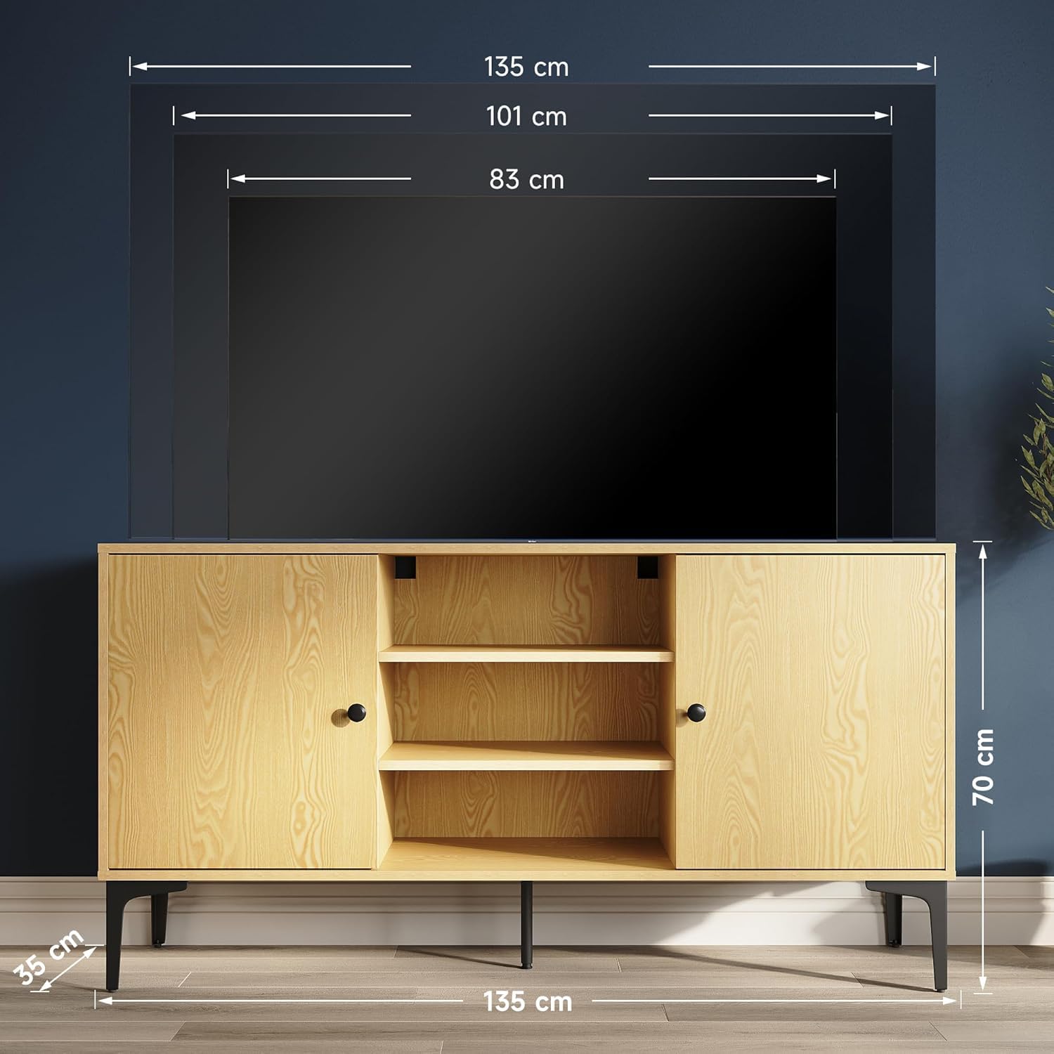 SONNI TV-Schrank, Fernsehtisch, Fernsehregal, Lowboard für Fernseher 60 Zoll mit 2 Schränken, 3 offenen Fächern, 2 Kabellöchern, Metallfüßen, für Wohnzimmer, Esszimmer und Schlafzimmer 135 x 35 x 70cm