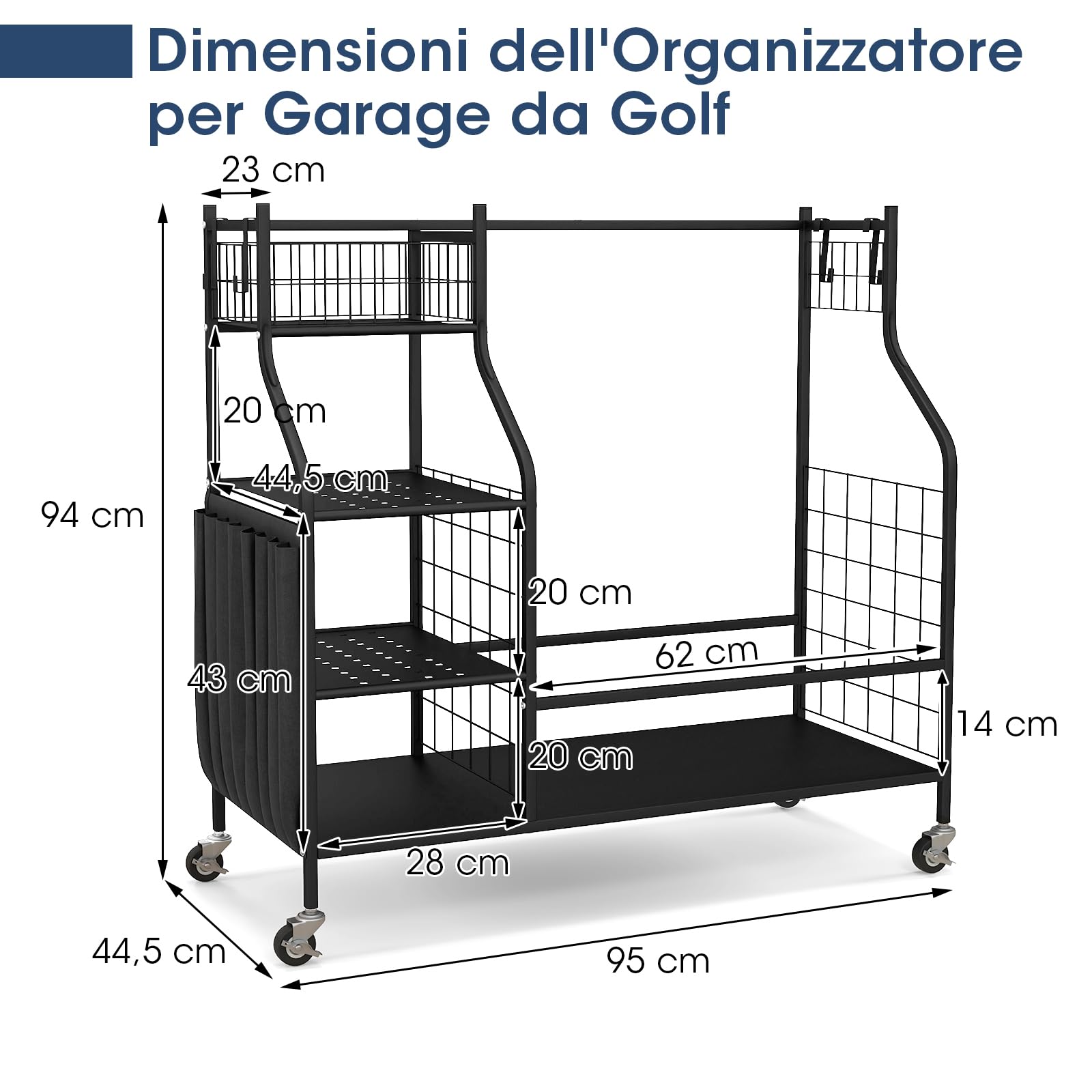 GYMAX Organizzatore per Sacche da Golf, con Ruote Bloccabili per 2 Sacche da Golf e 8 Mazze da Golf, 1 Cesto, 3 Ripiani e 4 Ganci per Attrezzature e Accessori da Golf