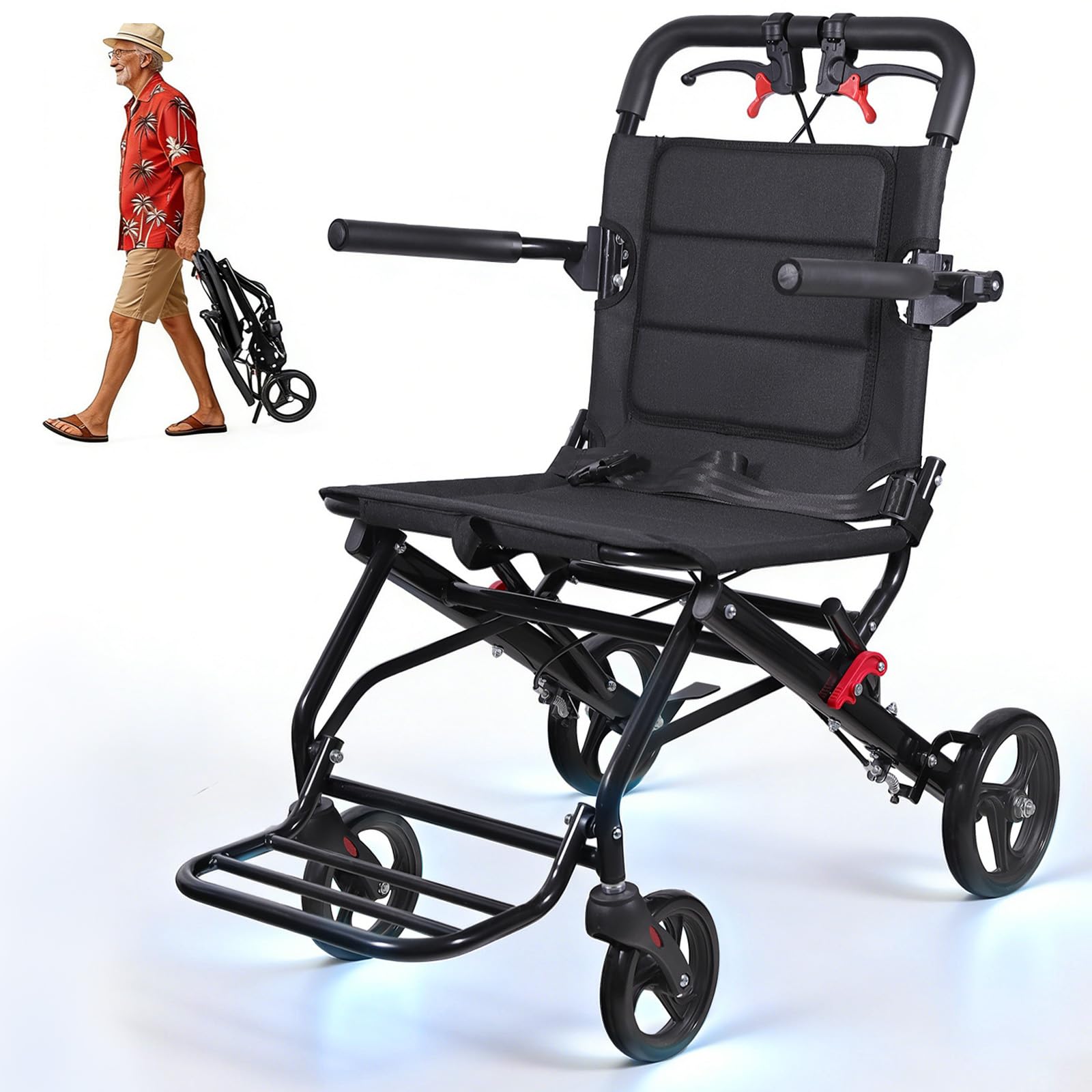 2026 Upgraded Wide Seat Transport Wheelchair, 18.1" Lightweight Foldable Travel Wheelchair for Seniors, Portable All-Terrain Transport Chair with Brake, Seat Belt, 300 lbs Capacity