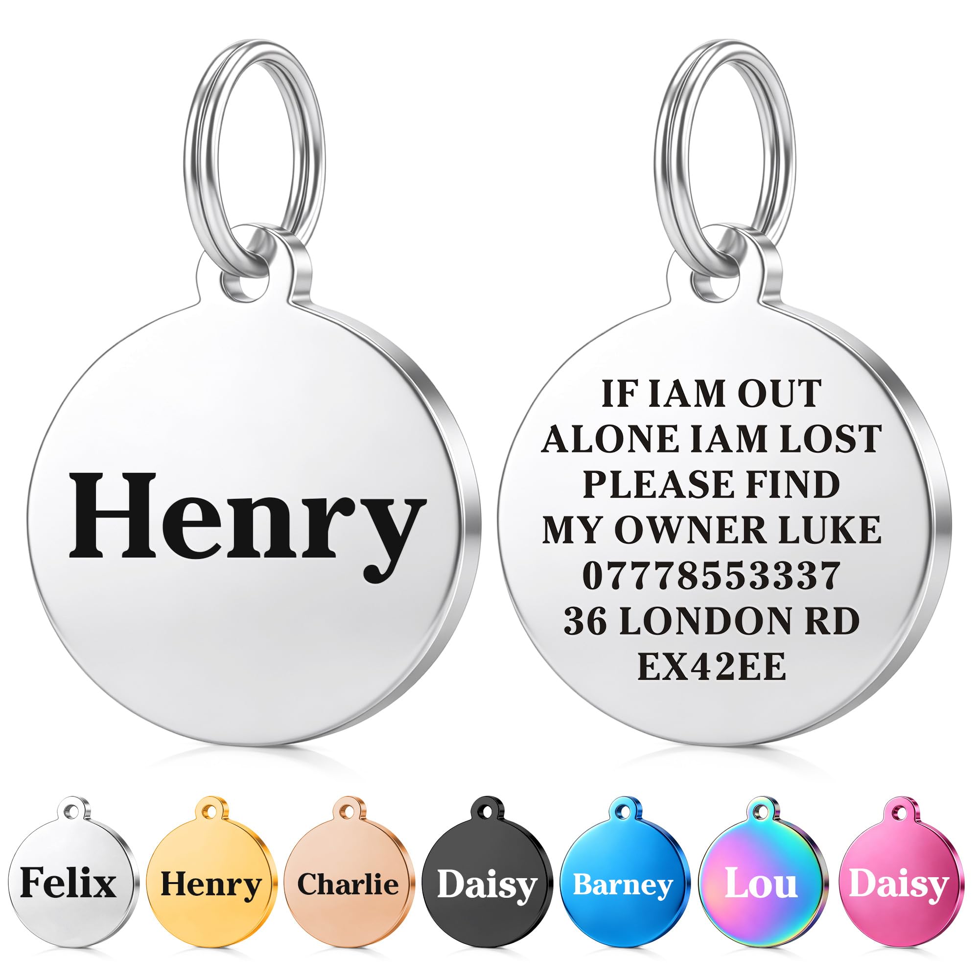 Personalised Engraved Dog Tag ID Name Tags for Cat Puppy Pet Collar Tag Hand Finished in UK (Silver(Round), L) — image 1