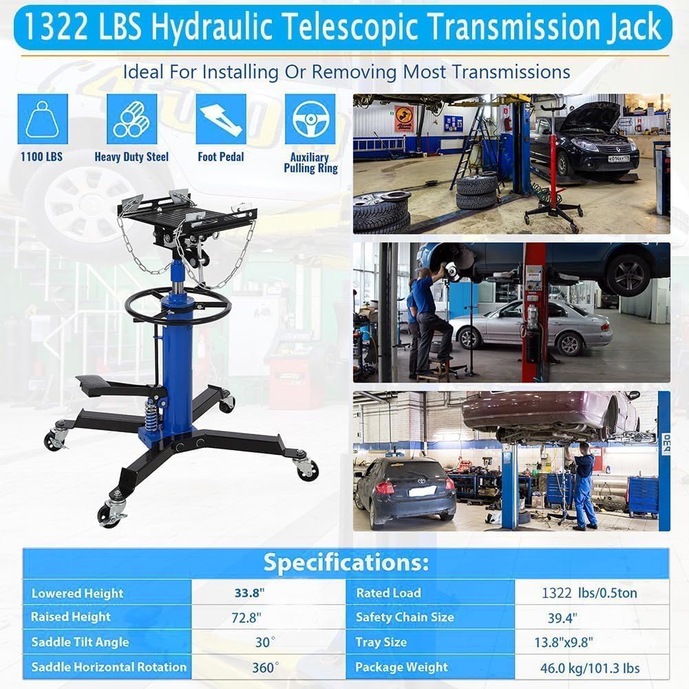 Hydraulic Transmission Jack,1322 LBS Capacity,Telescopic Lift 33.8"-72.8",360° Swivel Wheels,Foot Pedal,Blue
