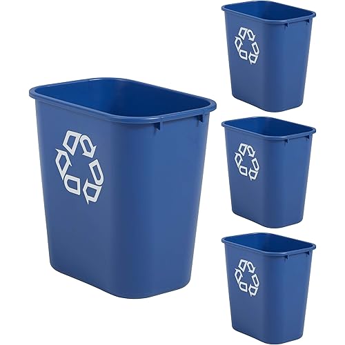 Rubbermaid Commercial Products Deskside Recycling Can, 7-Gallon/28-Quart, Blue Recycling Symbol, Plastic, for Bedroom/Bathroom/Office/Under Desk/Sink, Pack of 4