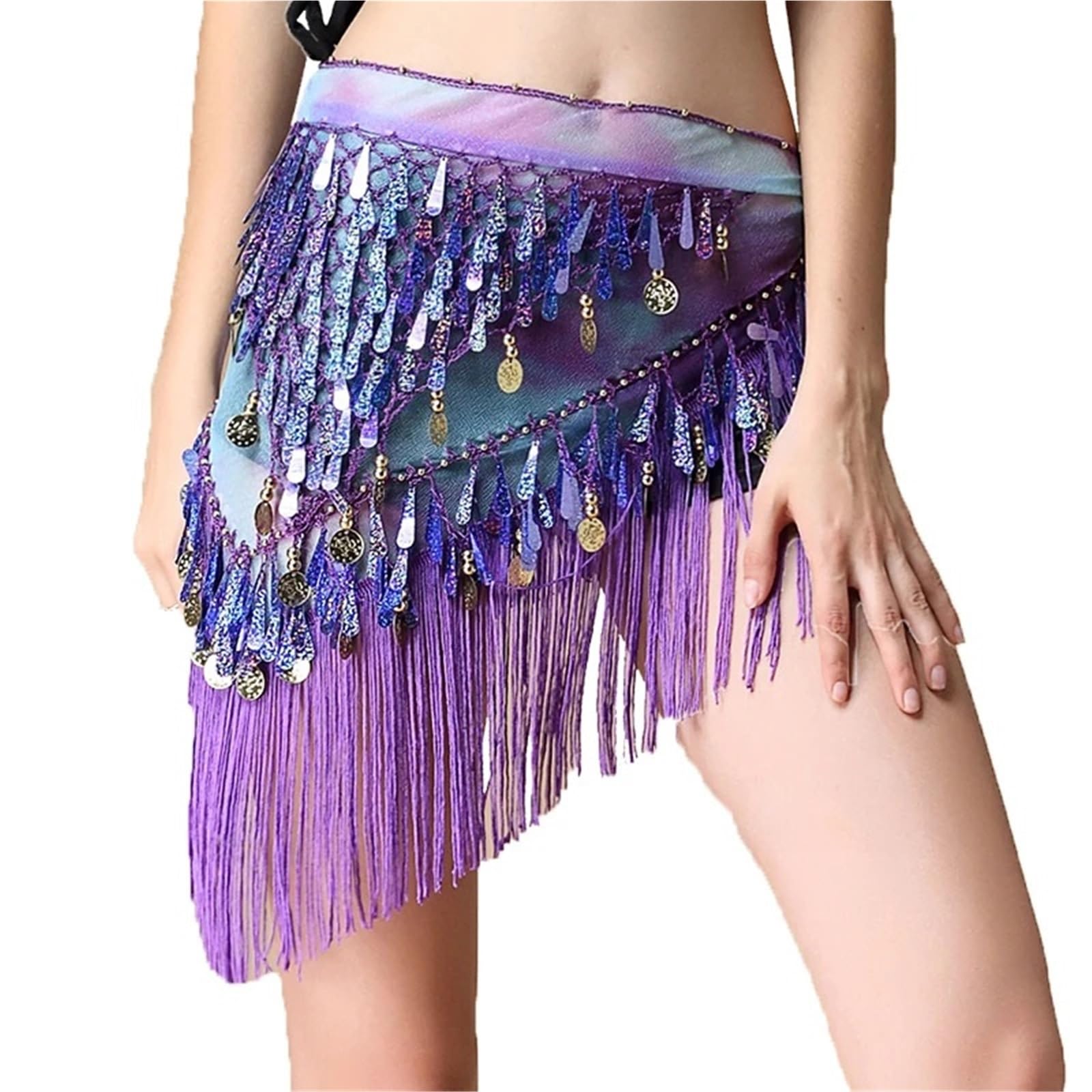 White Belly Dance Sequins Tassel Hip Scarf Shiny Skirt - One Size