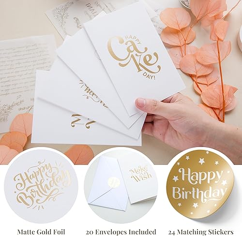 Miniatura 2 de Paper Play Paquete de 20 tarjetas de cumpleaños surtidas, 4 tarjetas de cumpleaños con diseños de lámina dorada mate, 4 x 6 pulgadas, notas de