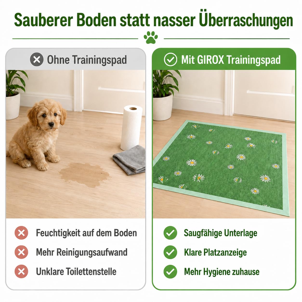GIROX PIPI Matten für Hunde, 50 Stück Welpen Unterlagen 60x90 cm | Saugstarke, Auslaufsichere Trainingspads mit Grasmuster, Bodenschutz, Haustierbedarf für Welpentraining und Tierhygiene