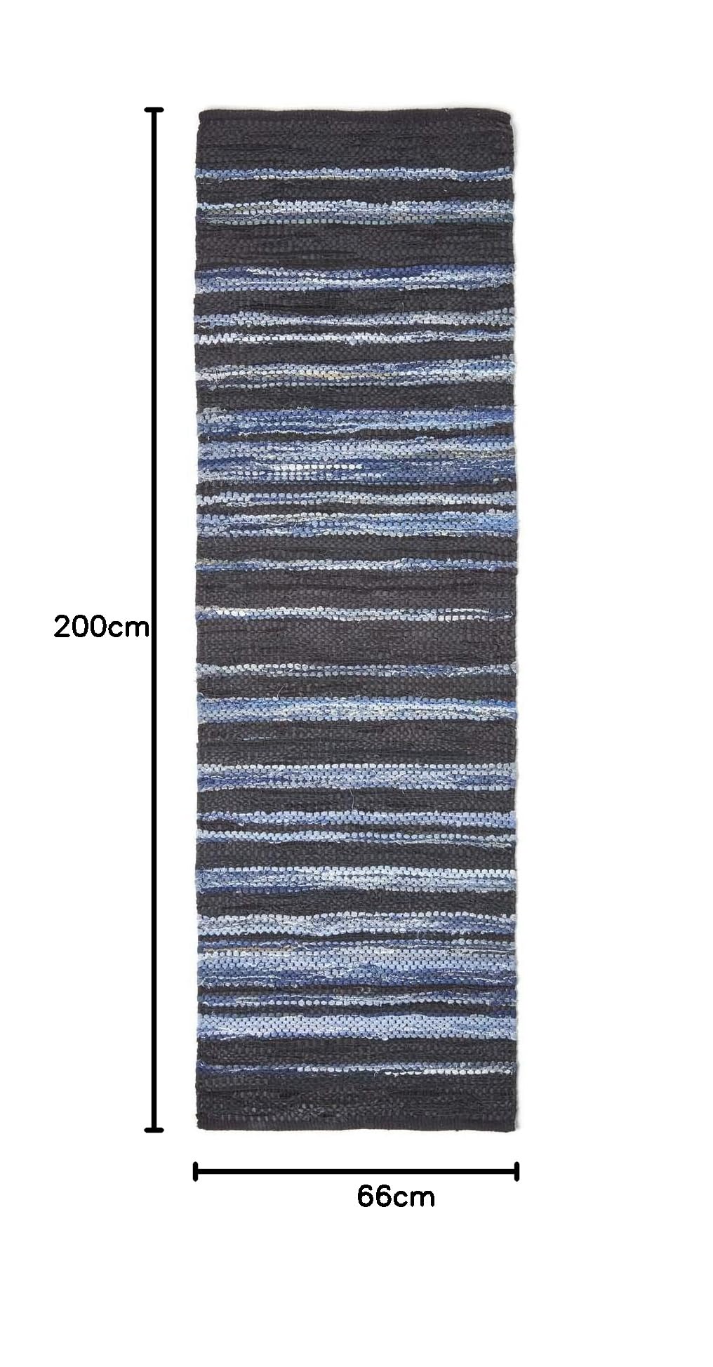 Homescapes Teppichläufer Texas 66x200 cm – Flickenteppich blau gestreift, handgewebt im Chindi-Stil aus recyceltem Leder & Denim mit Unikat-Charakter