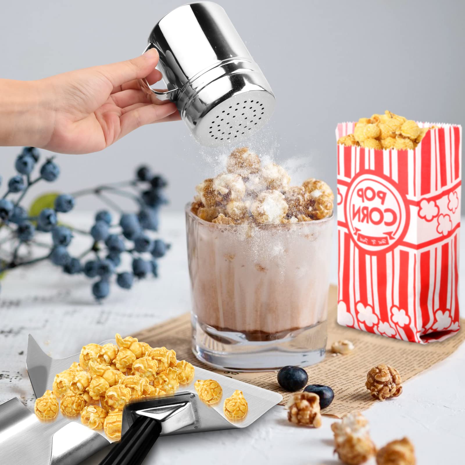 202 Pcs Juego de Palomitas de Maíz, Bolsa para Palomitas de Maíz, Pala para Patatas Fritas, Esparcidor de Polvo Acero Inoxidable con Asa para Cine en Casa, Herramientas de Filmación