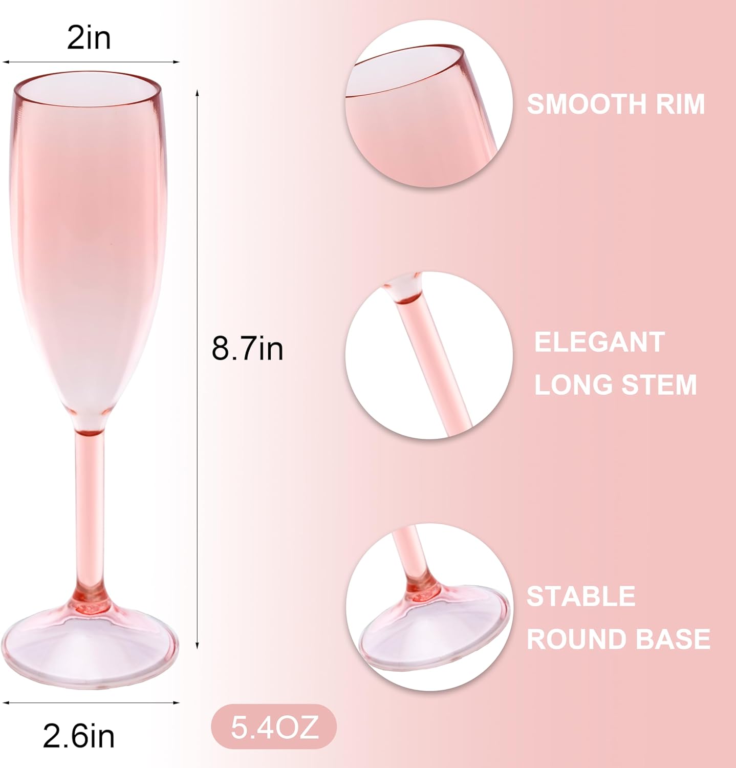 JLYLOL Champagne Flutes 5.4OZ Plastic Champagne Glasses Wine Glasses Plastic Goblets for Parties Mimosa Bar Glasses Stemmed Drinking Cups for Wedding Celebration Christmas Birthday Bride (Clear Pink) - Image 3