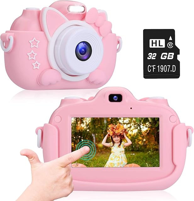 Kids Camera, 3-Inch IPS Touch Screen Children Digital Camera, Multifunction kids Camera with 1080P 30MP HD Video & 32GB SD Card, Birthday New Year Christmas Toy Gifts for Boys Girls Age 3-12 (Pink)