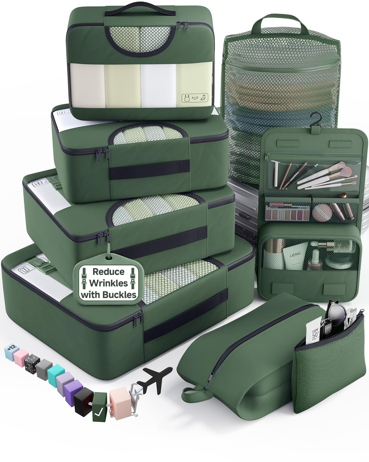 Veken 8 Set Packing Cubes for Travel Essentials,Anti-Wrinkle Buckled Suitcase Organizer for Shoe &amp; Toiletry Bag,Carry On Luggage Bag with 99+ Count Mesh Holes for Airplane &amp; College Dorm Accessories