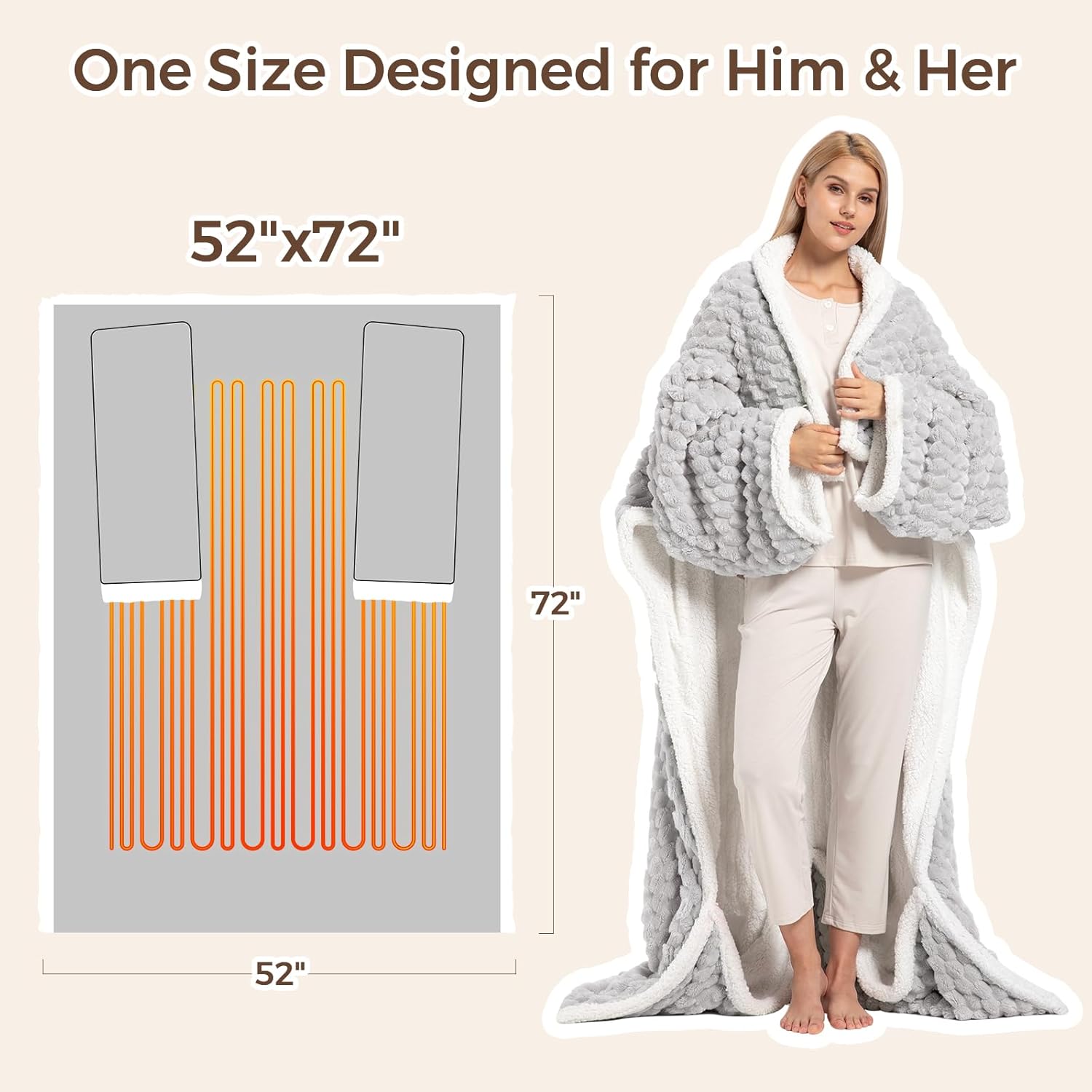 Electric Blanket Heated Throw, Soft Flannel & Sherpa Wearable Heated Blanket with Sleeves, Heating Wearable Blanket with 6 Heating & 12H Auto Off, ETL Certified, Home Office Use 52x72 Inch, Grey Plaid - Image 4