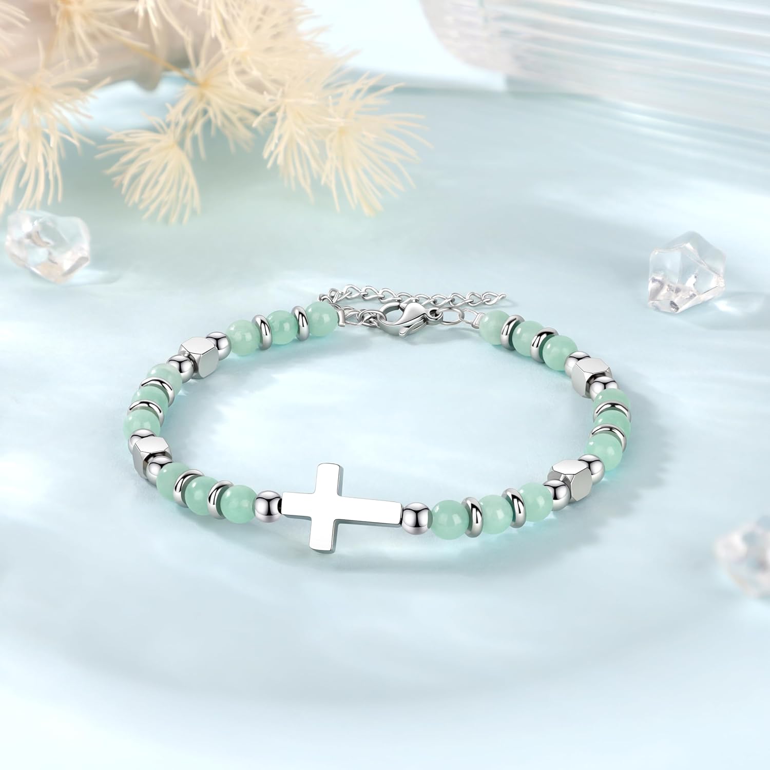 JoycuFF Christian Gifts for Women Cross Bracelet Faith Easter Catholic Religious Christian Jewelry, Meaningful Baptism Communion Natural Beads Bracelets - Image 5