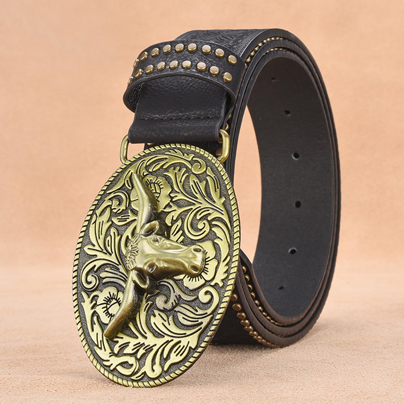 Cinturón Occidental De Cuero Plena Flor For Hombre, Correa Con Relieve Floral, Hebilla Ovalada Toro Cuerno Largo, Negro, Cintura 105 Cm/35 Pulgadas