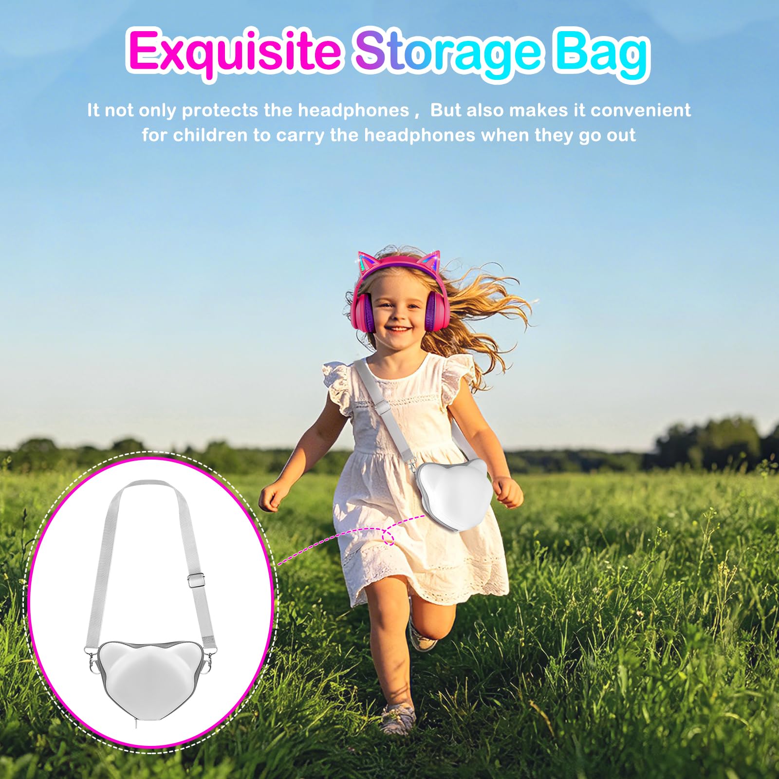 Bluetooth Kinder Kopfhörer mit Tasche, Kopfhörer Kabellos und Kabel Bluetooth für Kinder mit LED-Leuchten, Katzenohren ,Faltbar Einstellbar Over Ear Kopfhörer Kinder für Schule, Reisen (Knallpink)