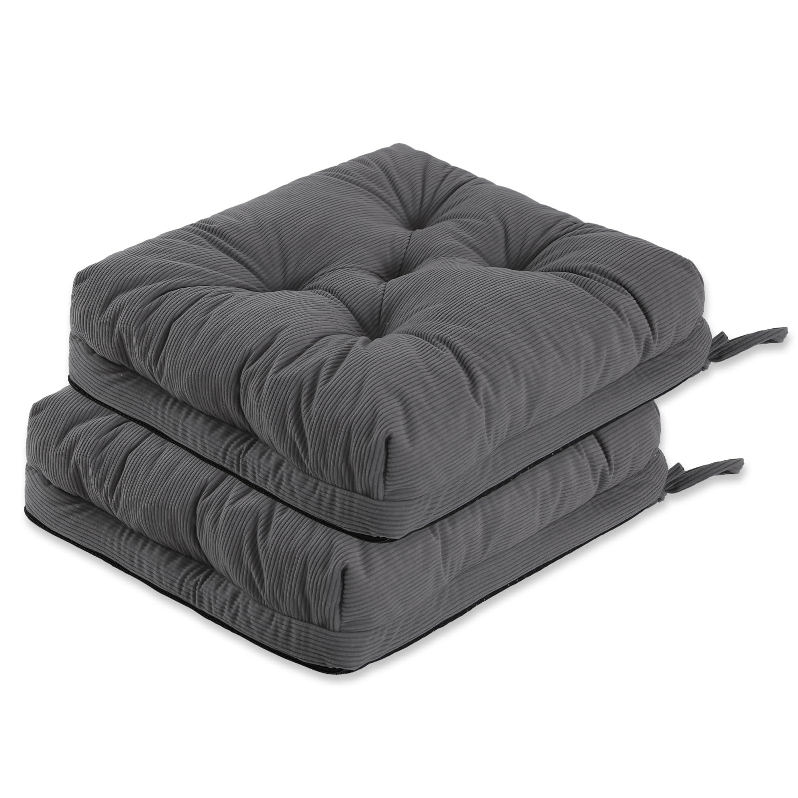 PRIMEPATIO Chair Cushions for Dining Chairs Set of 2, Tufted Overstuffed Textured Booster Foam Chair Pad with Ties and Non-Slip, 8cm Thick Seat Cushions for Kitchen, Garden, 40x40cm, Dark Gery