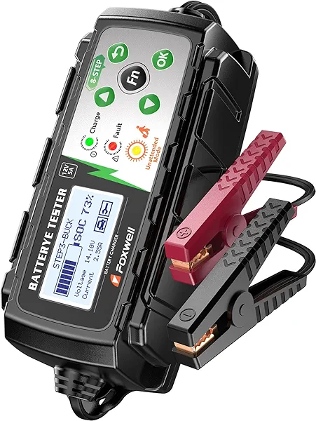 FOXWELL BC521 12V 5A Battery Charger, Tester, Trickle Charger & Desulfator, 4-in-1 Smart Automotive Battery Tool with 8-Stage Charging, Pulse Repair, Cranking & Alternator Test for Car, RV, Motorcycle