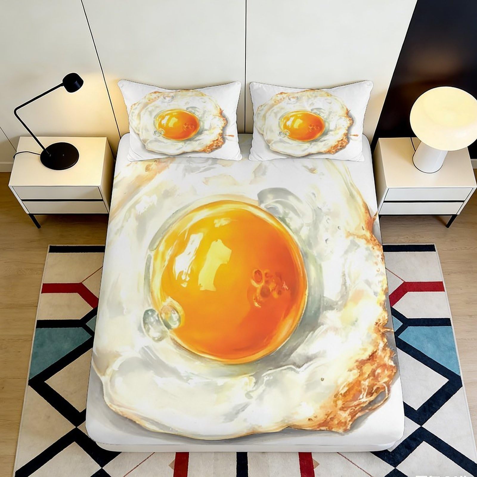 3D Printed Fried Egg Fitted Sheet Microfiber Soft Breathable Sunny Side Up Mattress Cover for Bedroom Dormitory Guest Room Mattress Protection Decor 90x200x25cm
