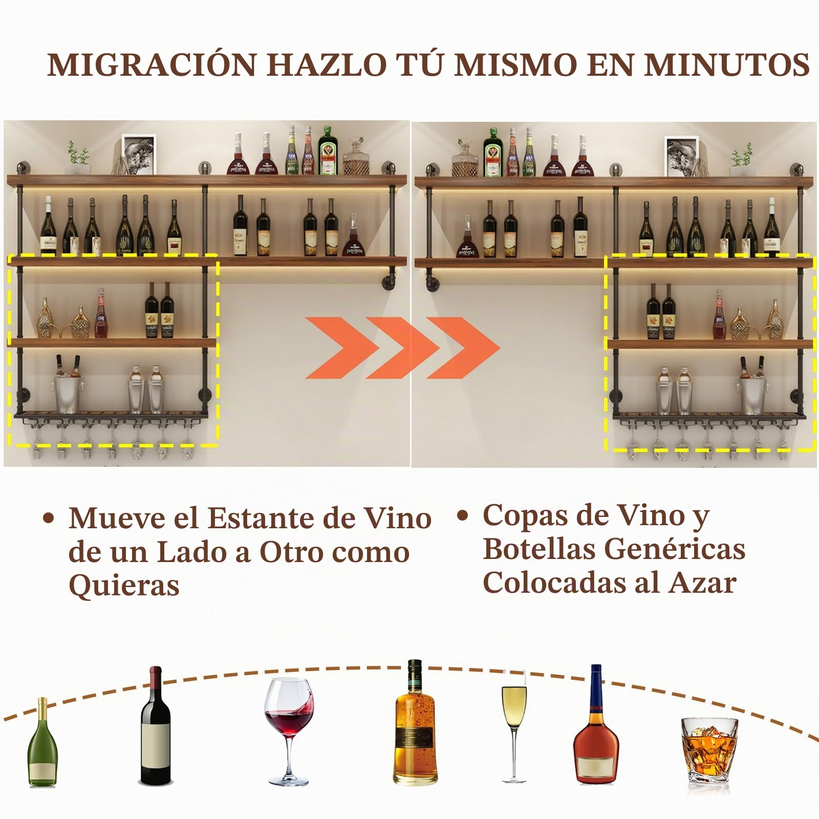 80cm Estante almacenamiento de vino de gran capacidad montado pared con luz LED,Botelleros Pared con portavasos,estantes flotantes 4 niveles para botellas de licor, para hogar Restaurante Bar (80cm)