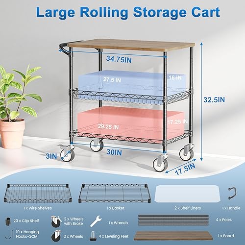 Miniatura 3 de Leteuke Carros de cocina rodantes con ruedas, 34 pulgadas de largo x 17.5 pulgadas de ancho, carrito utilitario resistente de 3 niveles con mesa de