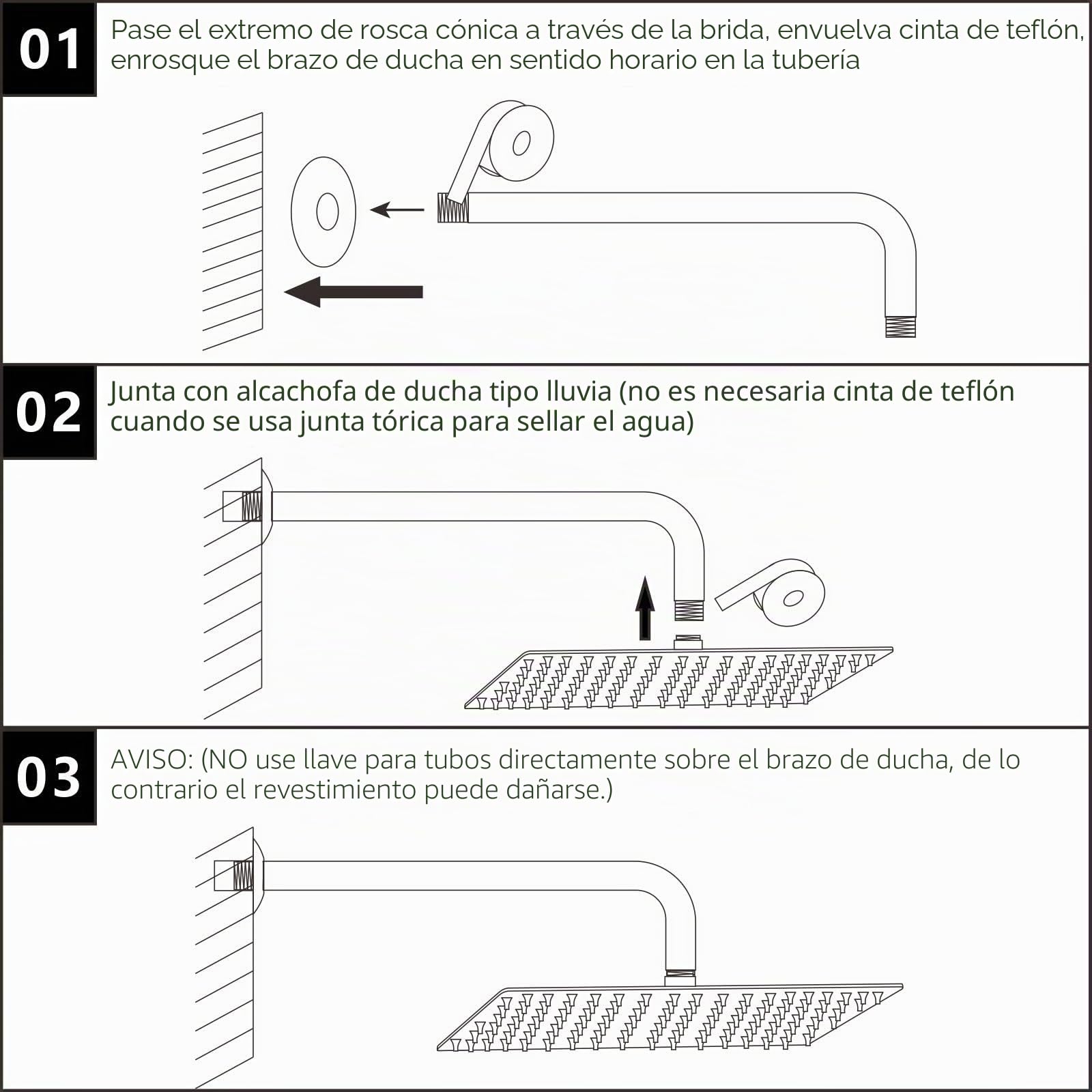 Cabezal de Ducha Tipo Lluvia Voolan con Brazo de Extensión, Cabezales de Ducha Tipo Lluvia de Acero Inoxidable, Cabezal de Ducha Cuadrado de Alto Flujo (Ducha 30cm, Brazo 38cm)