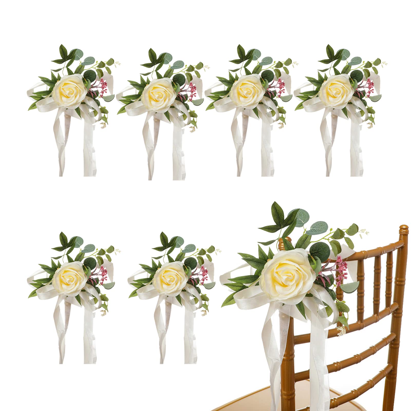 LEMCC 6 Piezas de decoración de Flores para sillas de Boda, Flores Artificiales de peonía con Cintas para Ceremonia de Boda, decoración de Flores de Pasillo de Boda, Amarillo
