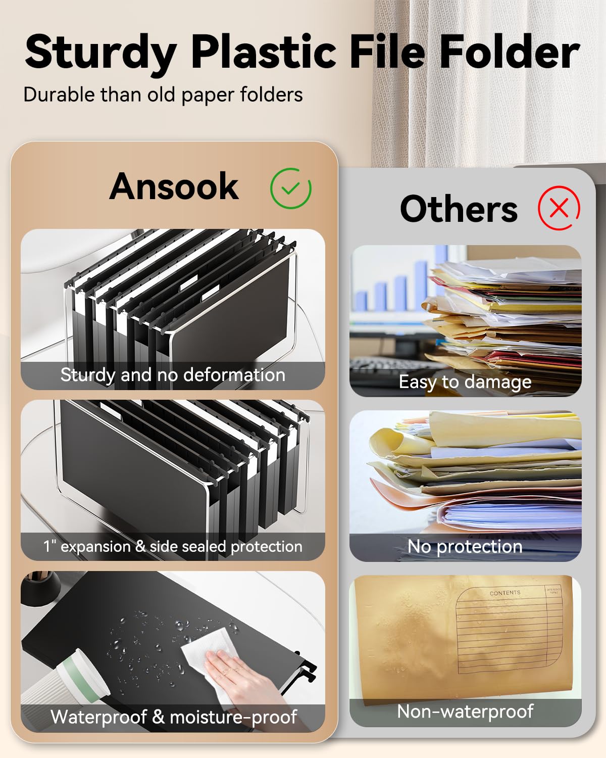 Ansook Cartelle portadocumenti in plastica di dimensioni legali, confezione da 12 cartelle con linguette, resistenti, espandibili da 2,5 cm, organizer per documenti legali da appendere