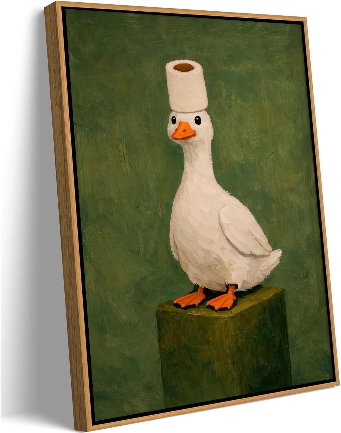 Framed Funny Bathroom Duck Canvas Wall Art Cute Animal Toilet Paper Poster Print Green Background Painting Picture Kids Bathroom Wall Decor for Washroom Bathroom Restroom Home Decoration 12x16 in