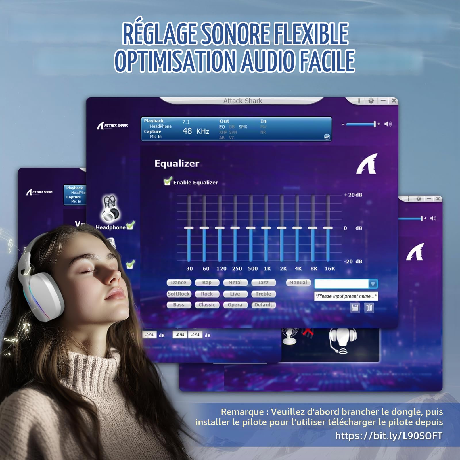 ATTACK SHARK L90 Casque Gaming sans Fil Ultra-Léger, BT, 2.4G, Câblé 3.5mm, Éclairage RGB Pliable, Son Surround 7.1 Over-Ear avec Microphone Antibruit Détachable, pour PC, Mobile - Blanc