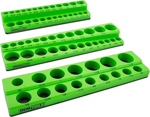 Vista 13 de OEMTOOLS 22461 Juego de 6 Bandejas Magnéticas para Llaves de Vaso Métricas y SAE, Organizadores de Llaves de Vaso Verde y Azul, Juego de Bandejas