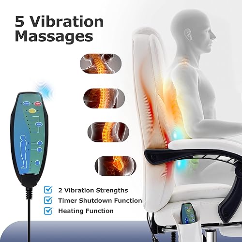 Miniatura 5 de Silla de oficina de masaje reclinable con reposapiés, silla ejecutiva ergonómica de respaldo alto con función de calefacción y vibración (blanco)