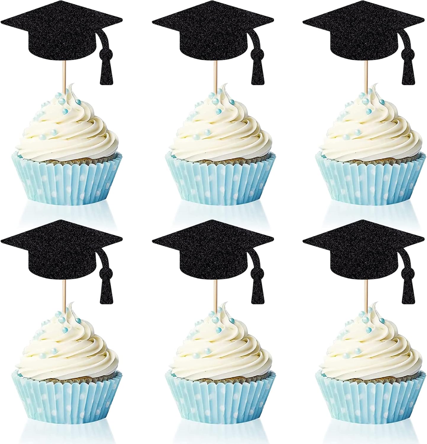 24pcs Grad Cupcake Topper -24pcs Black Glitter Graduation Hat