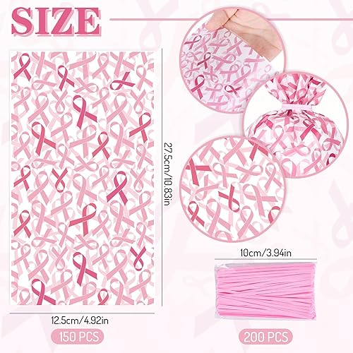 Miniatura 2 de Whaline 150 bolsas de regalo de celofán para el cáncer de mama con 200 lazos torcidos, bolsas de fiesta de violonchelo con patrón de cinta rosa,