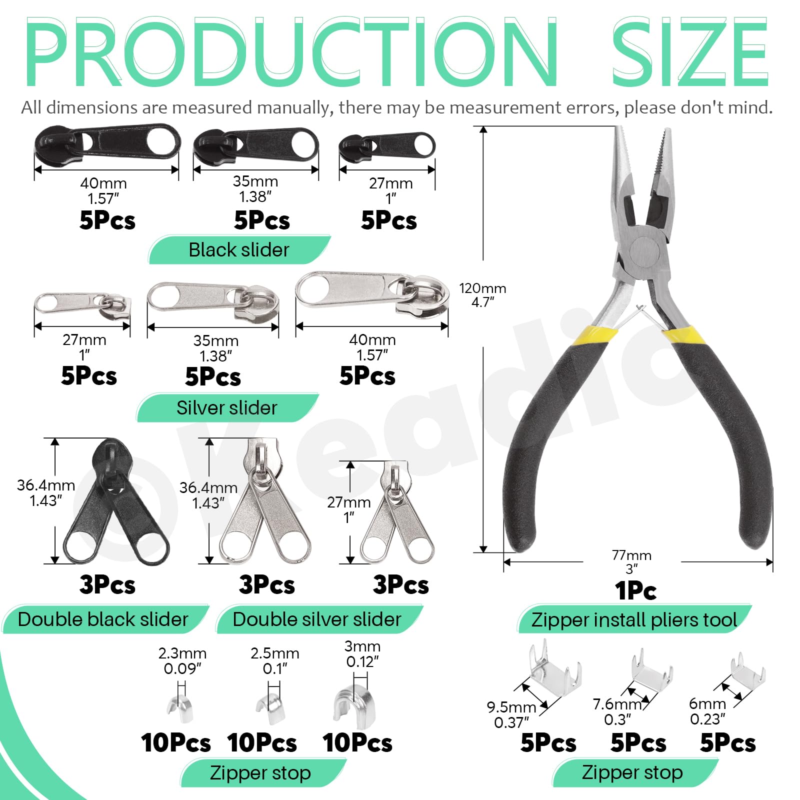 Keadic 85Pcs #3#5#8 Zipper Repair Kits with Installation Pliers, 15Pcs Bottom Stoppers, 39Pcs Metal Zipper & 30Pcs U Shape Top Stops for Jackets Coats Bags Backpack Tents