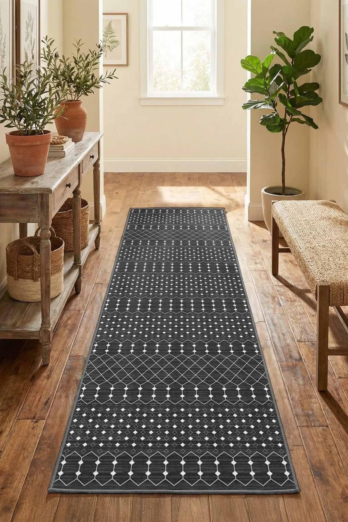 Monnhein Beyaz Siyah Yolluk Umay - Yıkanabilir, Kaymaz Taban, Dijital Baskılı, Leke Tutmaz, İnce Hav, Modern Koridor, Mutfak, Antre ve Salon için Dekoratif Yolluk