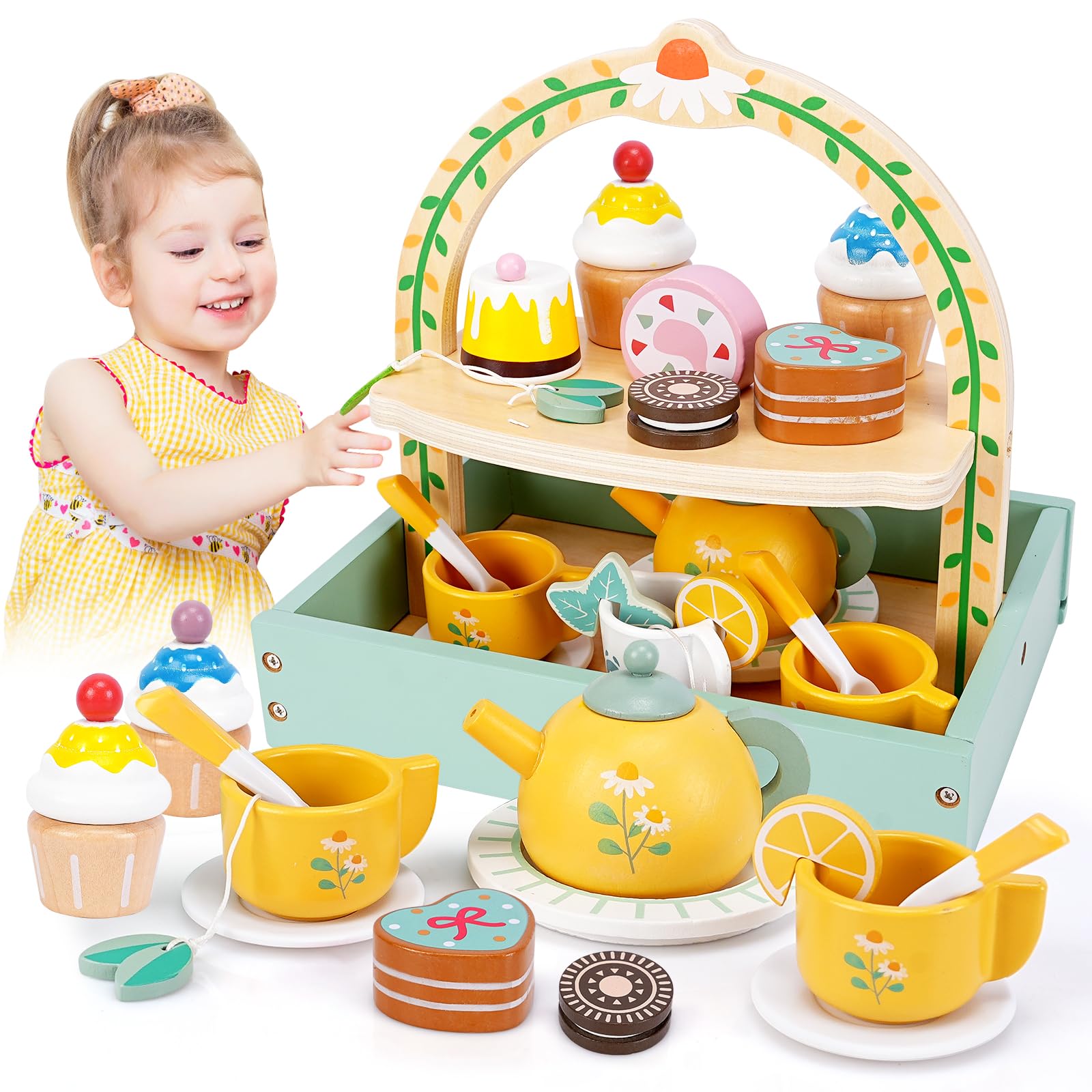 Juego De Té De Madera Para Niños – Set Con 11 Pasteles, 2 Tazas Y Cucharas, Accesorios De Cocina Para Juego De Rol, Regalo Para Niñas Y Niños De 3 A 7 Años