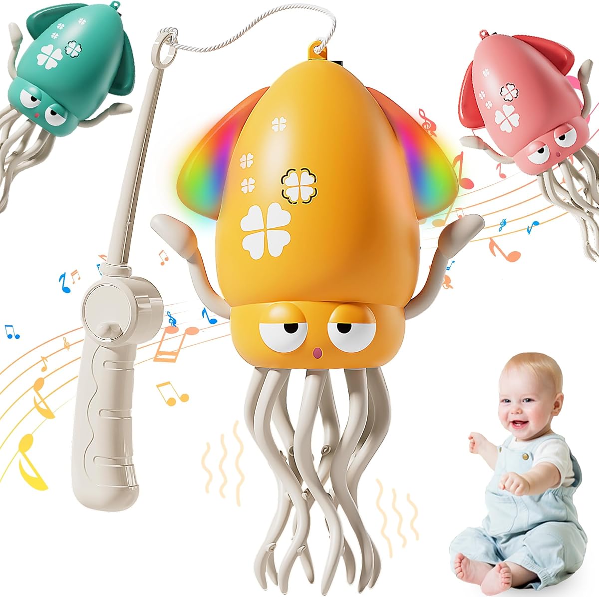 Electric Dancing Octopus Baby Toy, Crawling Octopus Tummy Time Toy with LED & Music, Rechargeable Upright＆Crawling Squid Interactive Toys, Toddlers Walking Toy for 3 4 5 6 Year Boy Girl Gifts (Orange)