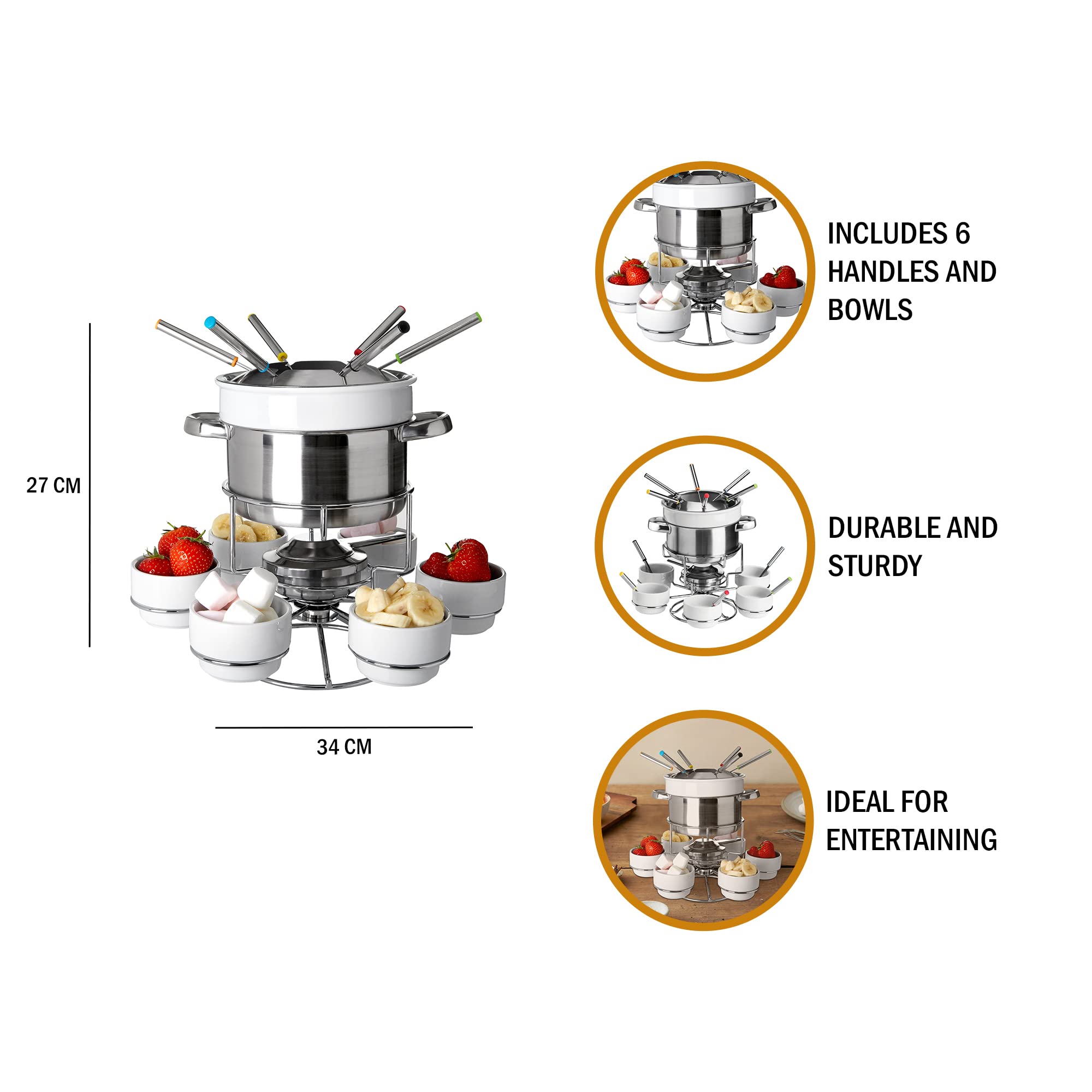 Service à Fondue en Acier Inoxydable et Porcelaine, Blanc- 6 Personnes