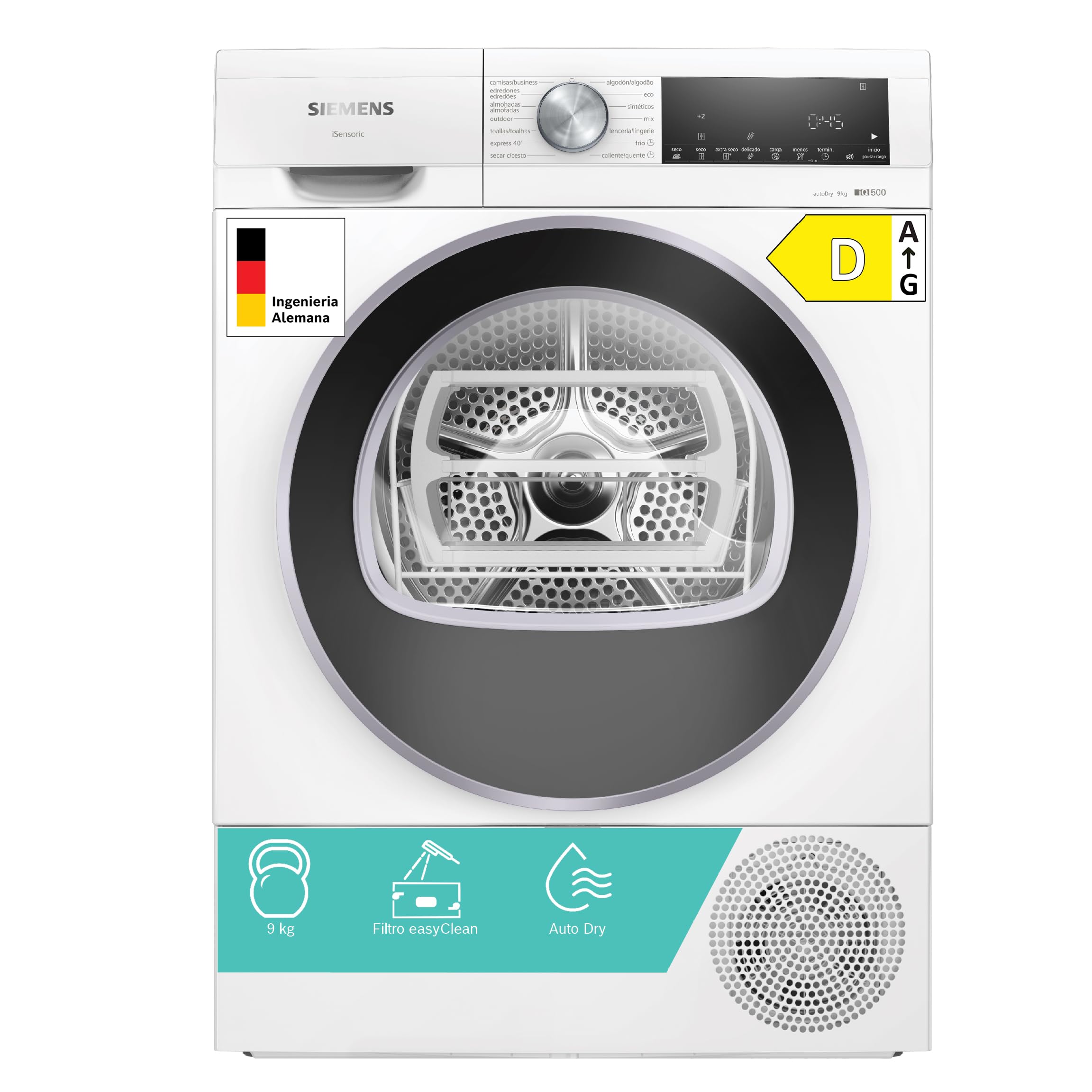 Siemens - Secadora con bomba de calor, 9 kg, iQ500, autoDry, Media carga, Blanco, WQ42G200ES